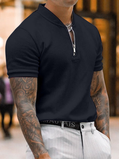 Men's Solid Color Zipper Stand Collar Casual Short Sleeve T-Shirt Shello's Creative Boutique