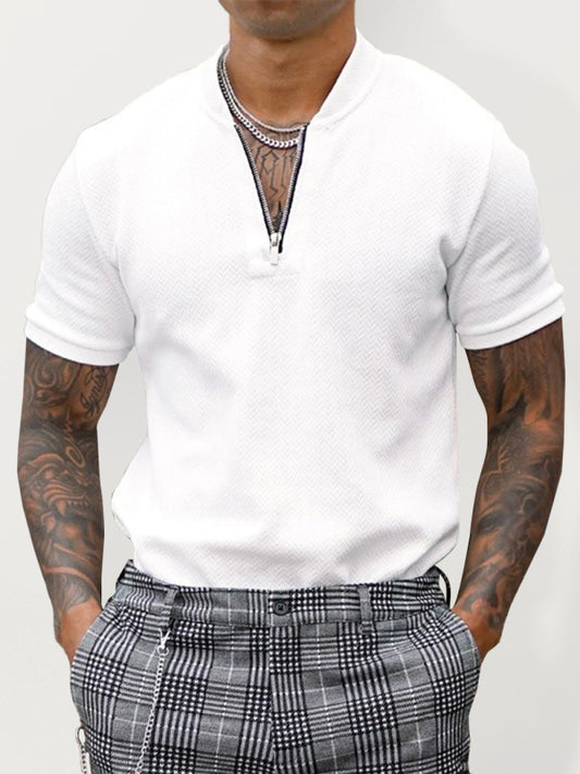 Men's Solid Color Zipper Stand Collar Casual Short Sleeve T-Shirt Shello's Creative Boutique