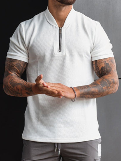 Men's Solid Color Zipper Stand Collar Casual Short Sleeve T-Shirt Shello's Creative Boutique
