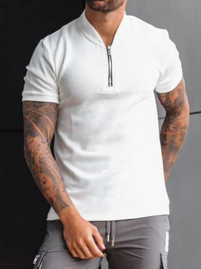 Men's Solid Color Zipper Stand Collar Casual Short Sleeve T-Shirt Shello's Creative Boutique