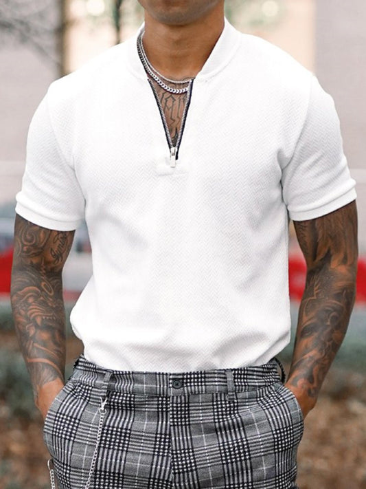Men's Solid Color Zipper Stand Collar Casual Short Sleeve T-Shirt Shello's Creative Boutique