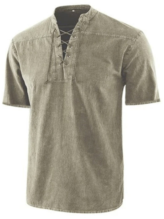 Men's Woven Retro Lace Up Collar Casual Short Sleeve Shirt Shello Creative Boutique