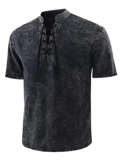 Men's Woven Retro Lace Up Collar Casual Short Sleeve Shirt - Shello's Creative Boutique