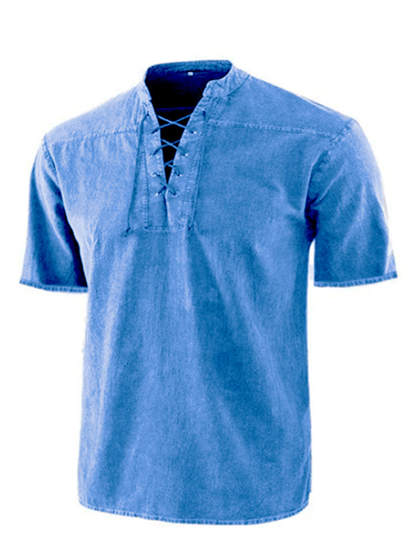 Men's Woven Retro Lace Up Collar Casual Short Sleeve Shirt Shello Creative Boutique
