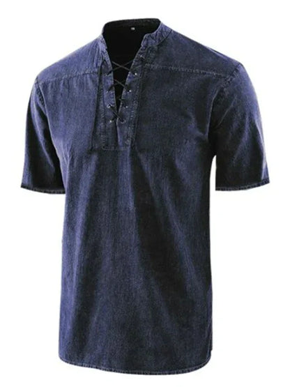 Men's Woven Retro Lace Up Collar Casual Short Sleeve Shirt - Shello's Creative Boutique
