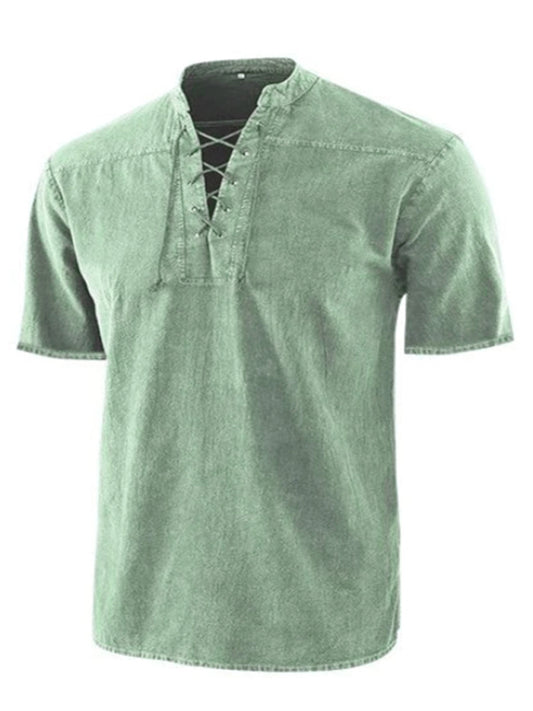 Men's Woven Retro Lace Up Collar Casual Short Sleeve Shirt Shello Creative Boutique