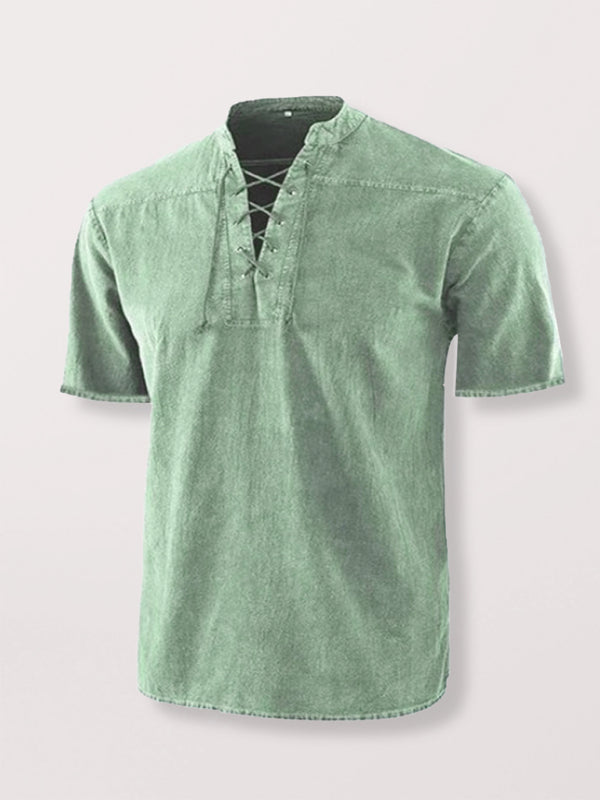 Men's Woven Retro Lace Up Collar Casual Short Sleeve Shirt Shello Creative Boutique