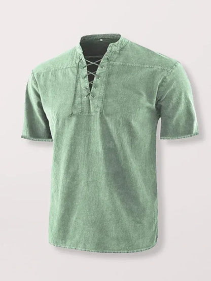 Men's Woven Retro Lace Up Collar Casual Short Sleeve Shirt - Shello's Creative Boutique