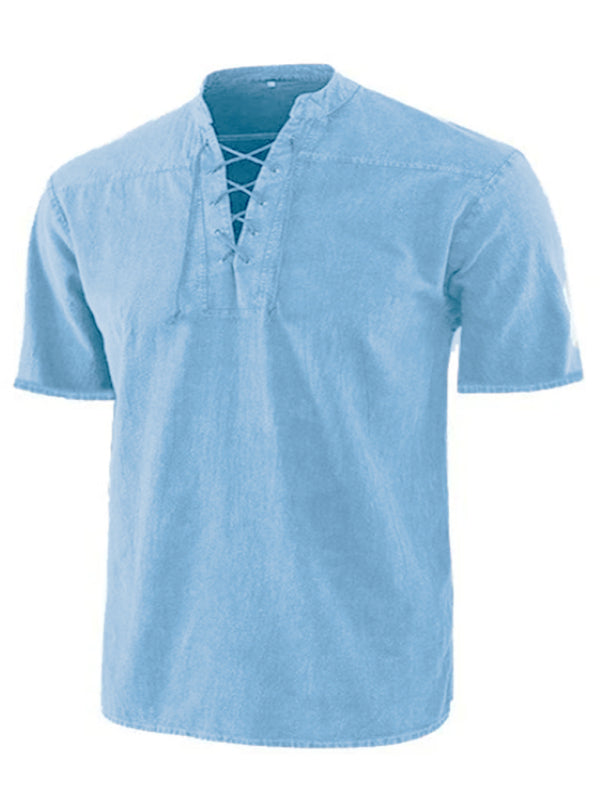 Men's Woven Retro Lace Up Collar Casual Short Sleeve Shirt Shello Creative Boutique