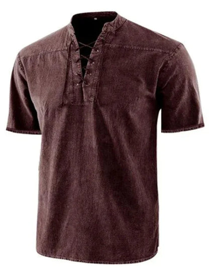 Men's Woven Retro Lace Up Collar Casual Short Sleeve Shirt - Shello's Creative Boutique