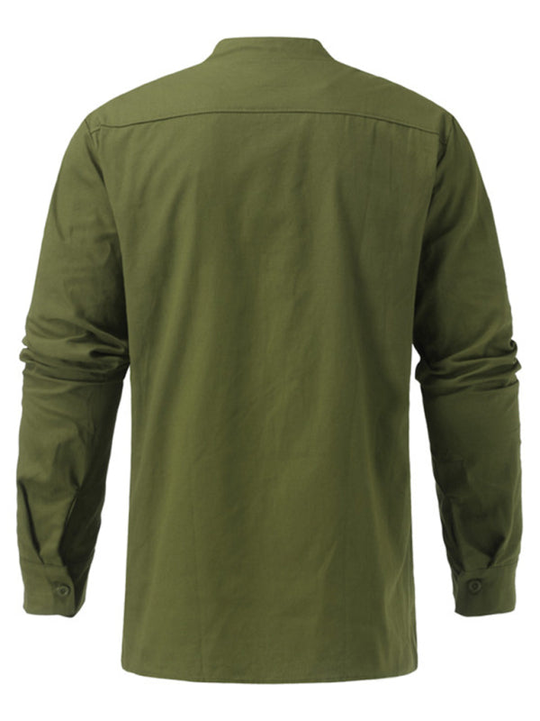 Men's Woven Retro Lace Up Casual Long Sleeve Shirt with Stand Collar Shello Creative Boutique