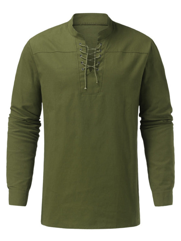 Men's Woven Retro Lace Up Casual Long Sleeve Shirt with Stand Collar Shello Creative Boutique