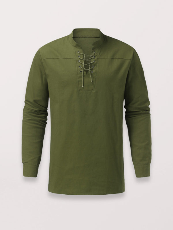 Men's Woven Retro Lace Up Casual Long Sleeve Shirt with Stand Collar Shello Creative Boutique