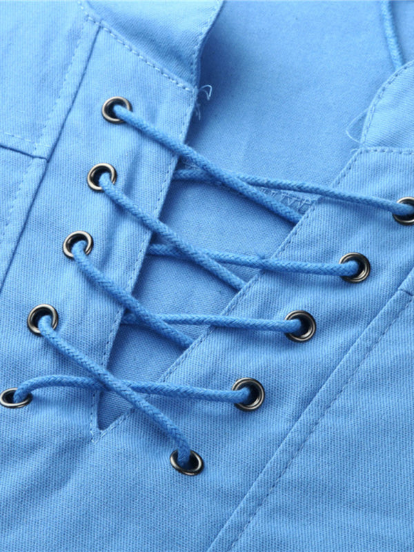 Men's Woven Retro Lace Up Casual Long Sleeve Shirt with Stand Collar Shello Creative Boutique