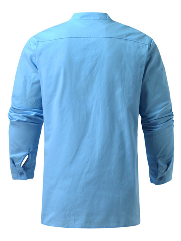 Men's Woven Retro Lace Up Casual Long Sleeve Shirt with Stand Collar Shello Creative Boutique