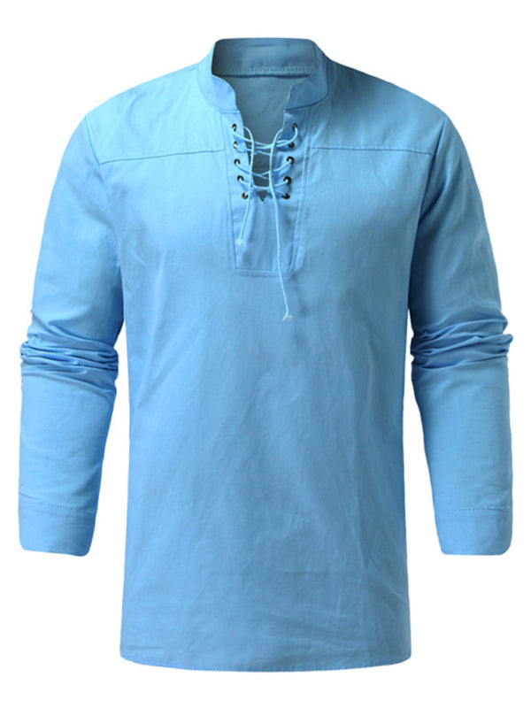 Men's Woven Retro Lace Up Casual Long Sleeve Shirt with Stand Collar Shello Creative Boutique