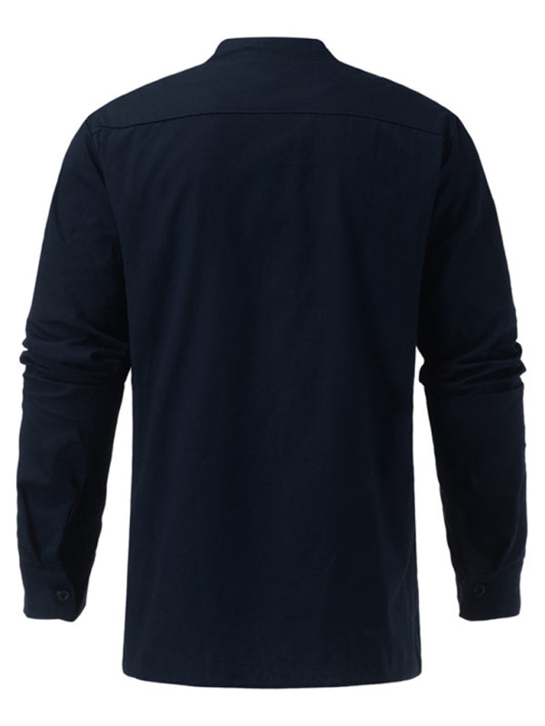 Men's Woven Retro Lace Up Casual Long Sleeve Shirt with Stand Collar Shello Creative Boutique