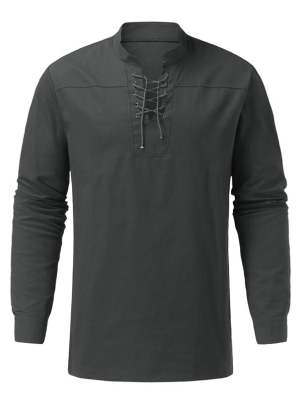 Men's Woven Retro Lace Up Casual Long Sleeve Shirt with Stand Collar Shello Creative Boutique
