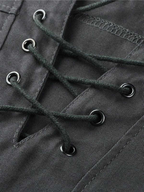 Men's Woven Retro Lace Up Casual Long Sleeve Shirt with Stand Collar Shello Creative Boutique