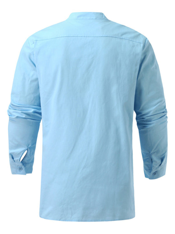 Men's Woven Retro Lace Up Casual Long Sleeve Shirt with Stand Collar Shello Creative Boutique