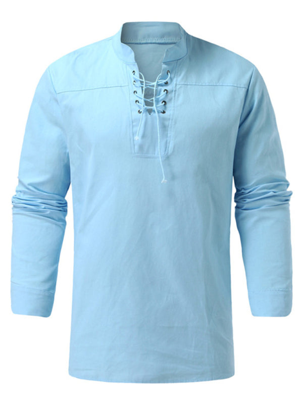 Men's Woven Retro Lace Up Casual Long Sleeve Shirt with Stand Collar Shello Creative Boutique