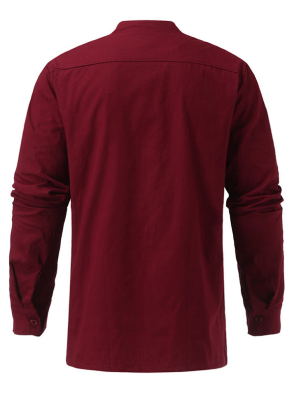 Men's Woven Retro Lace Up Casual Long Sleeve Shirt with Stand Collar Shello Creative Boutique