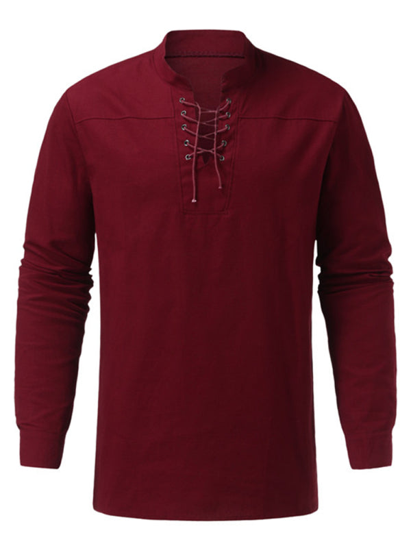 Men's Woven Retro Lace Up Casual Long Sleeve Shirt with Stand Collar Shello Creative Boutique