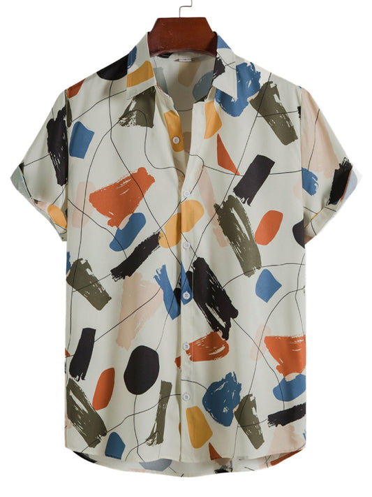 White Graffiti Print Lapel Cotton Slim Fit Men's Shirt Shello's Creative Boutique