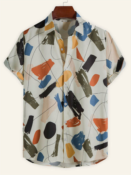 White Graffiti Print Lapel Cotton Slim Fit Men's Shirt Shello's Creative Boutique