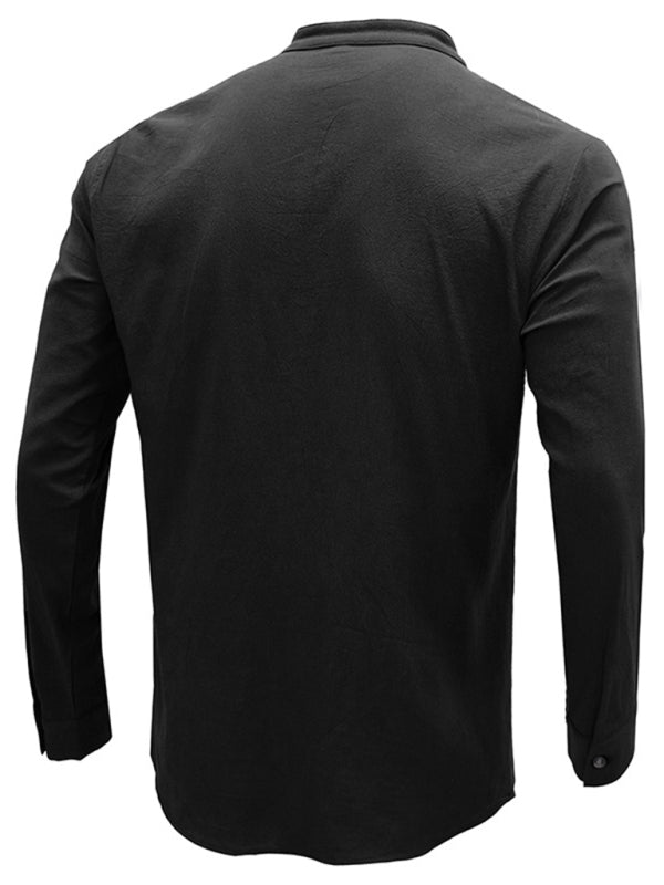 Men's woven solid color long-sleeved cotton and linen shirt Shello Creative Boutique