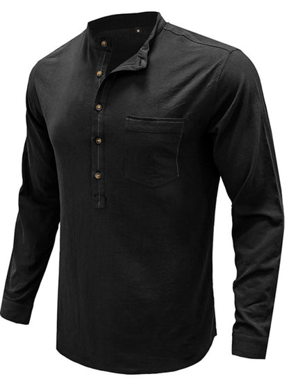 Men's woven solid color long-sleeved cotton and linen shirt Shello Creative Boutique