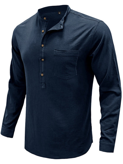 Men's woven solid color long-sleeved cotton and linen shirt Shello Creative Boutique