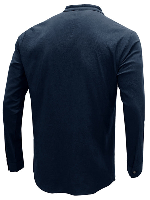 Men's woven solid color long-sleeved cotton and linen shirt Shello Creative Boutique