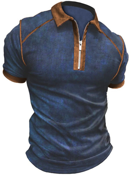 Men's Color Block Zipper Lapel Short Sleeve Polo Shirt Shello's Creative Boutique