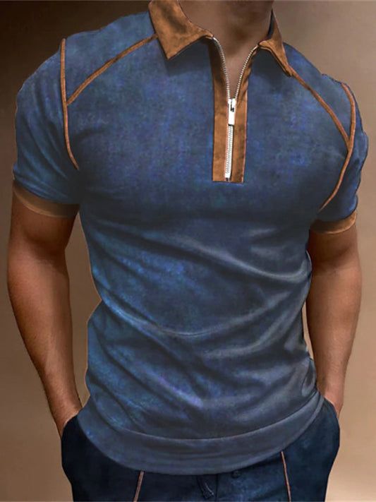Men's Color Block Zipper Lapel Short Sleeve Polo Shirt Shello's Creative Boutique