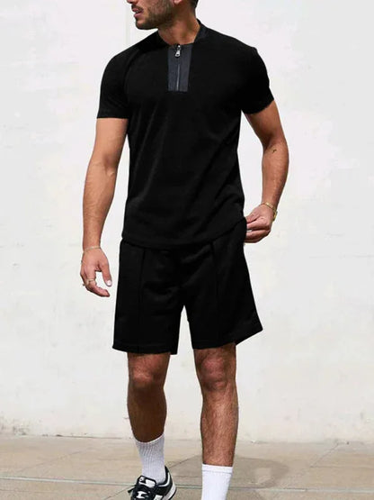 Men Contrasting Colour Waffle V-Neck Zipper T-Shirt + Shorts Casual Suit – The Ultimate - Shello's Creative Boutique