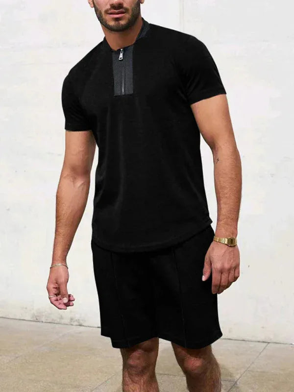 Men Contrasting Colour Waffle V-Neck Zipper T-Shirt + Shorts Casual Suit – The Ultimate - Shello's Creative Boutique