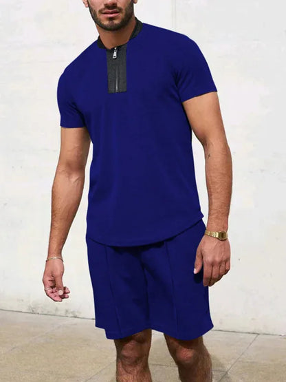 Men Contrasting Colour Waffle V-Neck Zipper T-Shirt + Shorts Casual Suit – The Ultimate - Shello's Creative Boutique