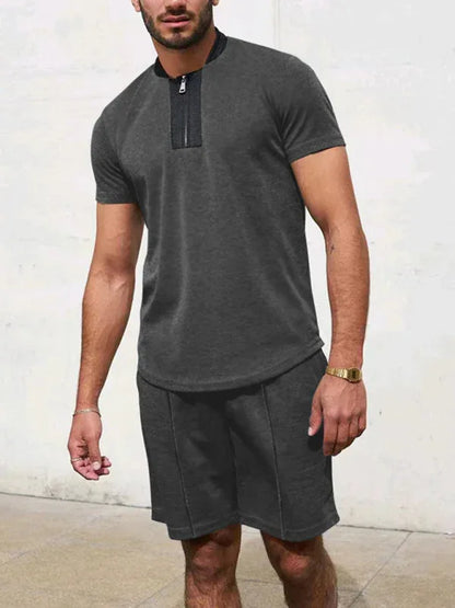 Men Contrasting Colour Waffle V-Neck Zipper T-Shirt + Shorts Casual Suit – The Ultimate - Shello's Creative Boutique