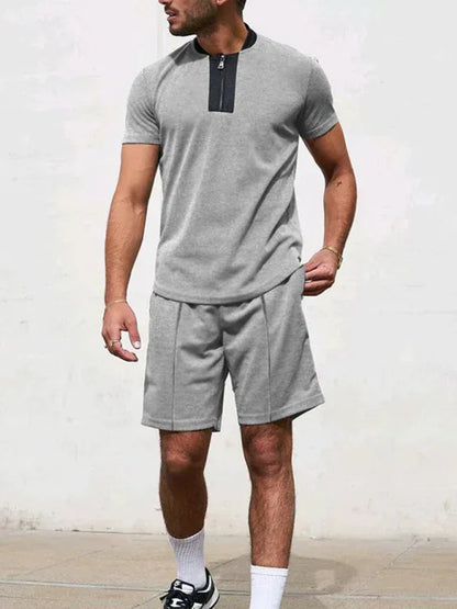 Men Contrasting Colour Waffle V-Neck Zipper T-Shirt + Shorts Casual Suit – The Ultimate - Shello's Creative Boutique