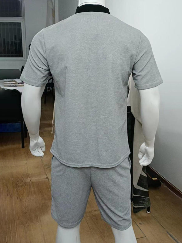 Men's Contrasting Color Waffle V-Neck Zipper T-Shirt + Shorts Casual Suit Shello's Creative Boutique