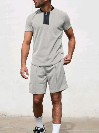 Men Contrasting Colour Waffle V-Neck Zipper T-Shirt + Shorts Casual Suit – The Ultimate - Shello's Creative Boutique