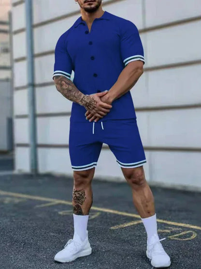 Men's Two-Piece Suit with Contrasting Color Lapel Collar Short-Sleeved Shirt + Shorts – Effortless Style and Comfort! - Shello's Creative Boutique