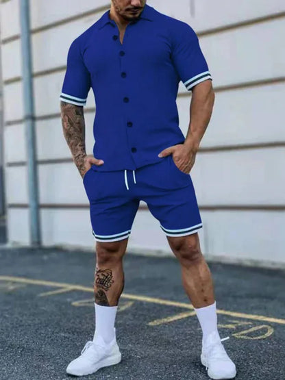 Men's Two-Piece Suit with Contrasting Color Lapel Collar Short-Sleeved Shirt + Shorts – Effortless Style and Comfort! - Shello's Creative Boutique