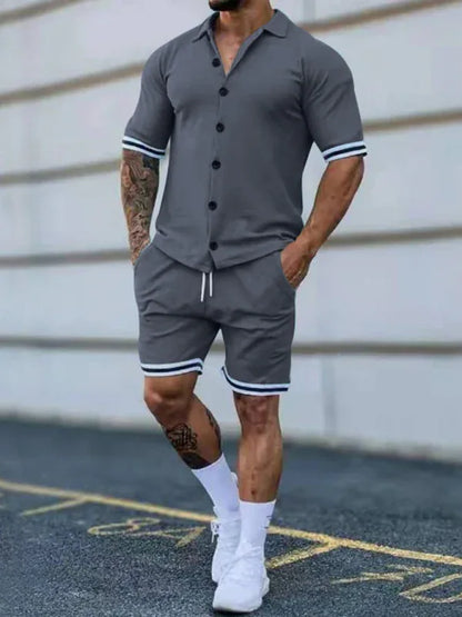 Men's Two-Piece Suit with Contrasting Color Lapel Collar Short-Sleeved Shirt + Shorts – Effortless Style and Comfort! - Shello's Creative Boutique