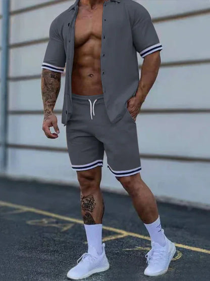 Men's Two-Piece Suit with Contrasting Color Lapel Collar Short-Sleeved Shirt + Shorts – Effortless Style and Comfort! - Shello's Creative Boutique