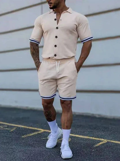 Men's Two-Piece Suit with Contrasting Color Lapel Collar Short-Sleeved Shirt + Shorts – Effortless Style and Comfort! - Shello's Creative Boutique