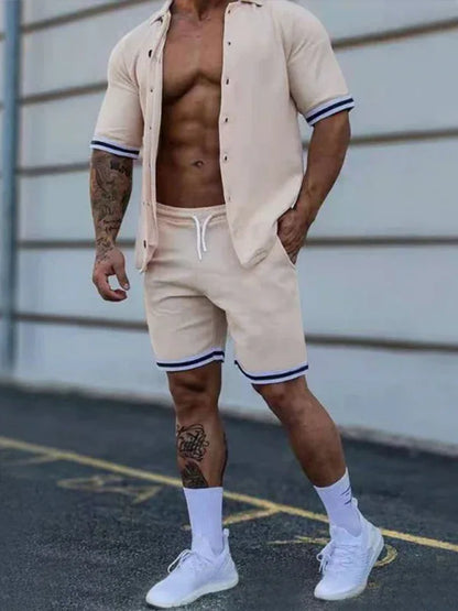 Men's Two-Piece Suit with Contrasting Color Lapel Collar Short-Sleeved Shirt + Shorts – Effortless Style and Comfort! - Shello's Creative Boutique