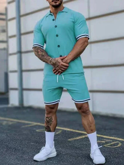 Men's Two-Piece Suit with Contrasting Color Lapel Collar Short-Sleeved Shirt + Shorts – Effortless Style and Comfort! - Shello's Creative Boutique