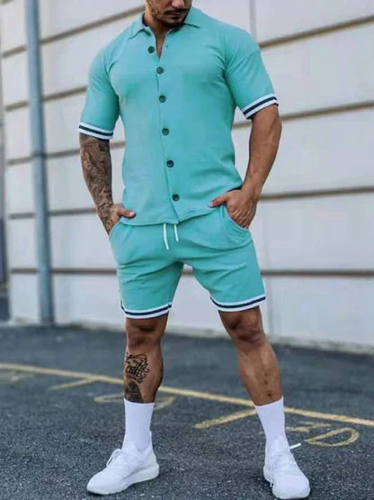 Men's Two-Piece Suit with Contrasting Color Lapel Collar Short-Sleeved Shirt + Shorts – Effortless Style and Comfort! - Shello's Creative Boutique